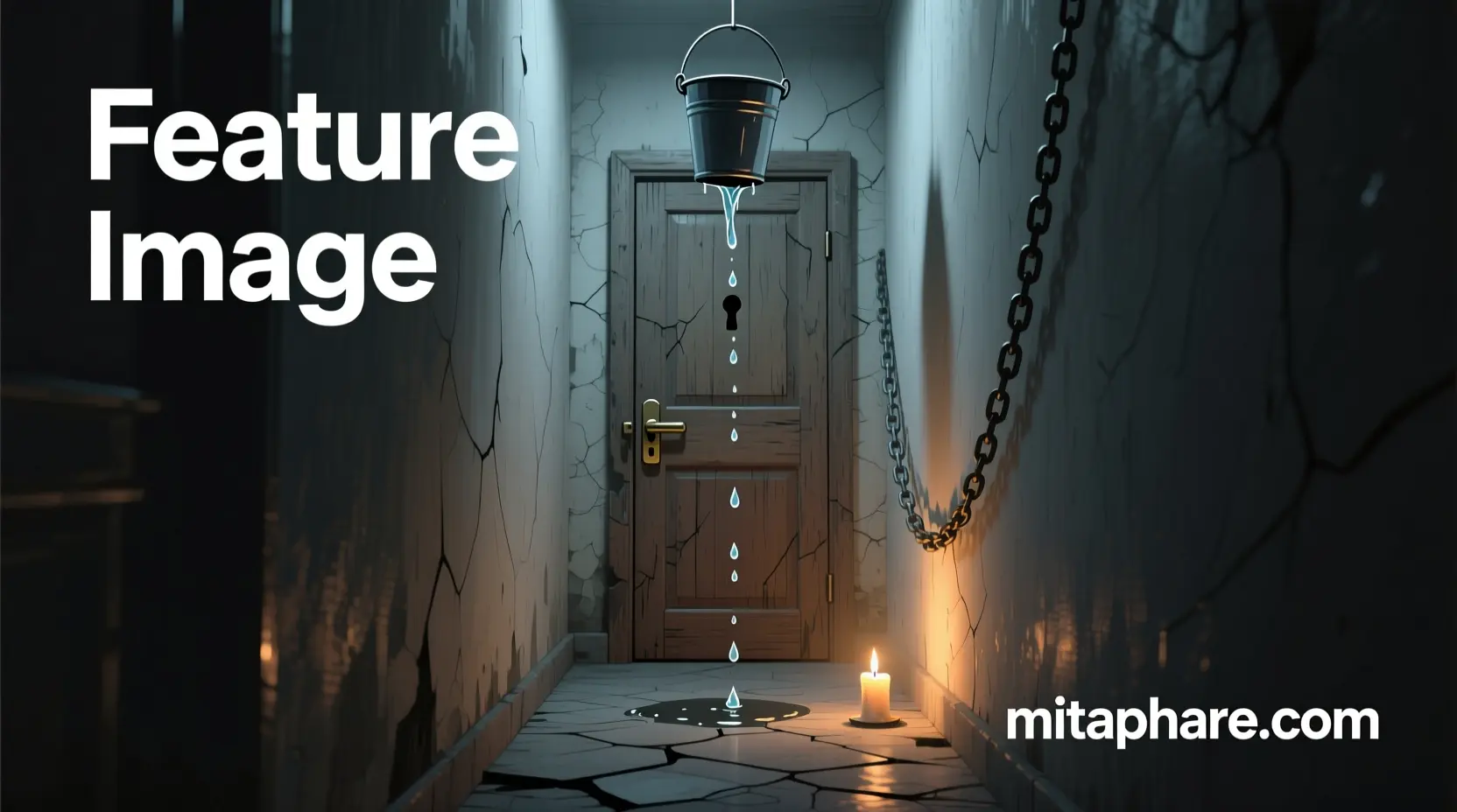 “Symbolic illustration of poverty with metaphors like a locked door, dim hallway, leaking bucket, and flickering candle, featuring the text ‘Feature Image’ and the website name ‘mitaphare.com’.”