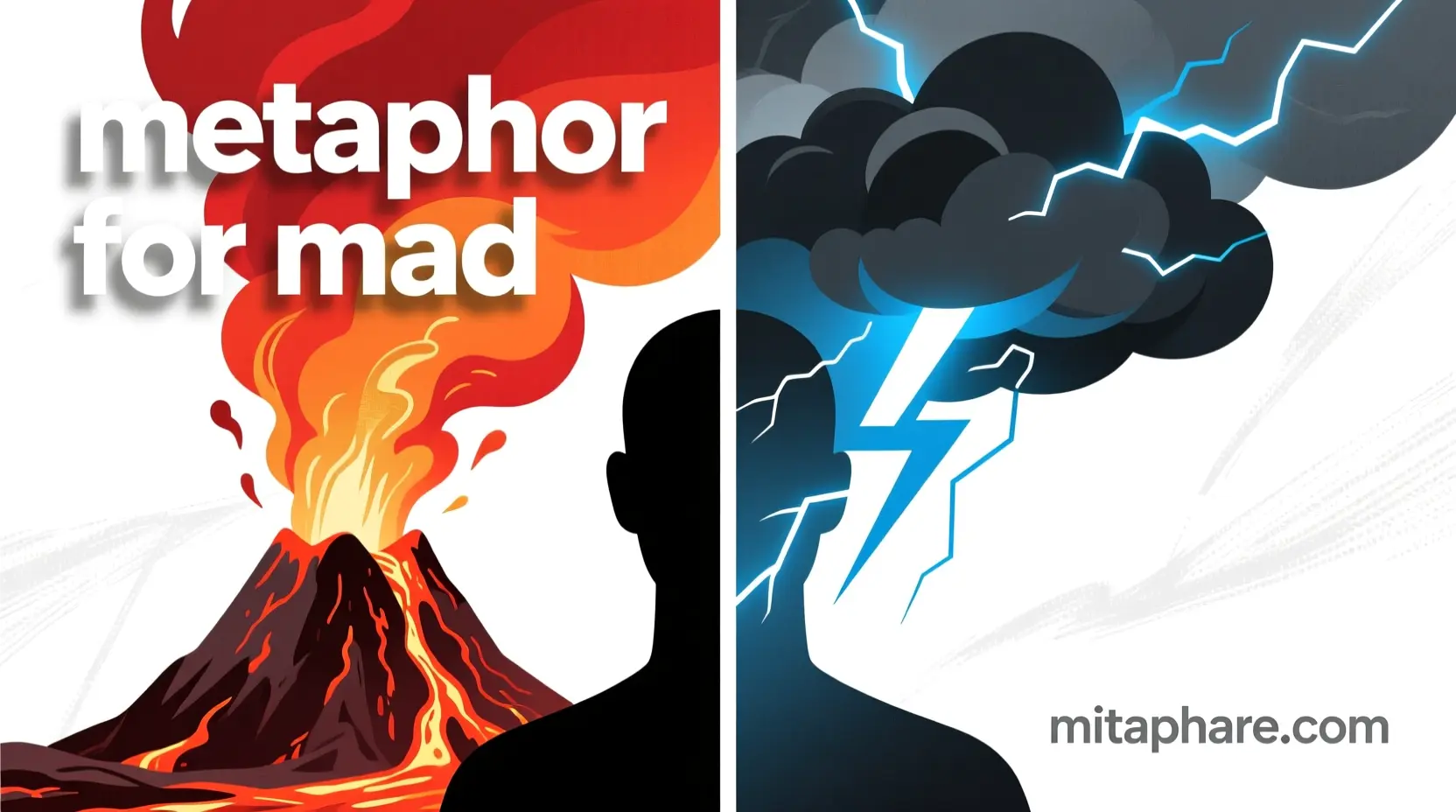 “Modern illustration of a human silhouette half volcano and half storm with the text ‘metaphor for mad’ and site name mitaphare.com.”