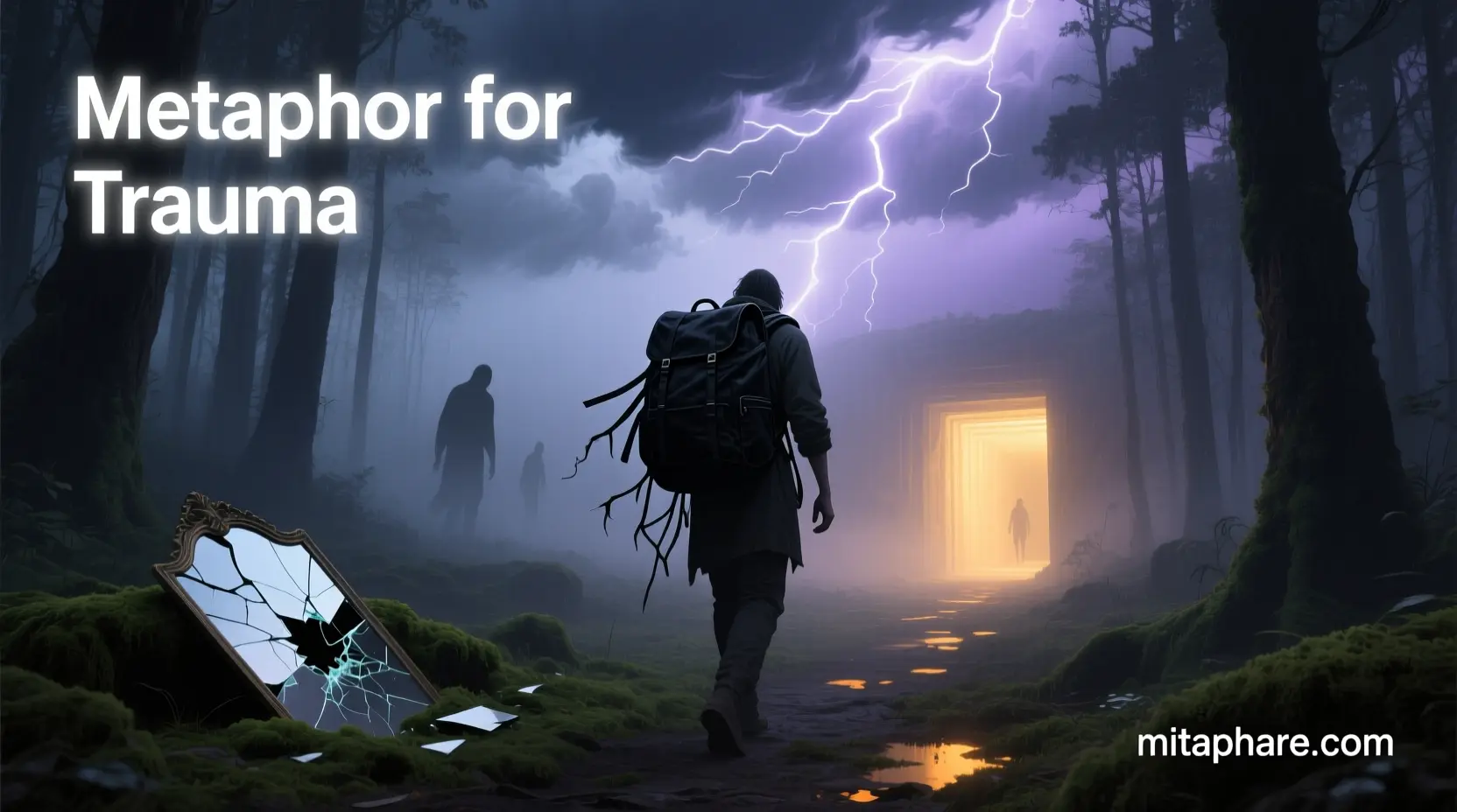 Illustration showing a person carrying a heavy backpack through a dark, foggy forest with storm clouds, cracked mirror, and distant light, representing trauma metaphorically.