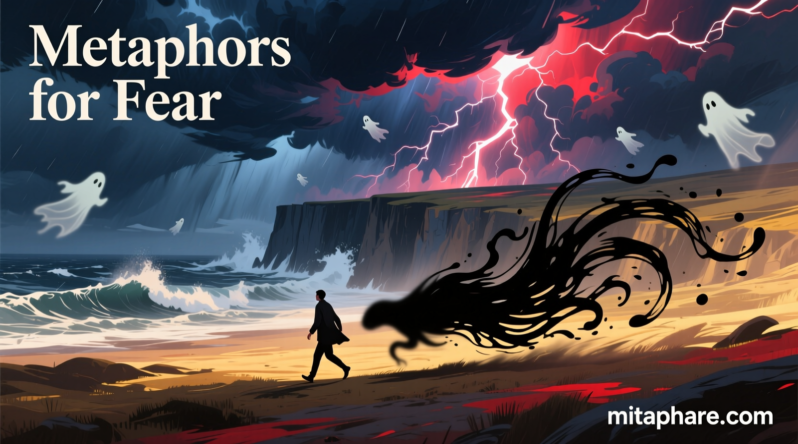 "Creative metaphors for fear, including shadows, dark clouds, and ghostly figures, illustrating the emotion vividly."