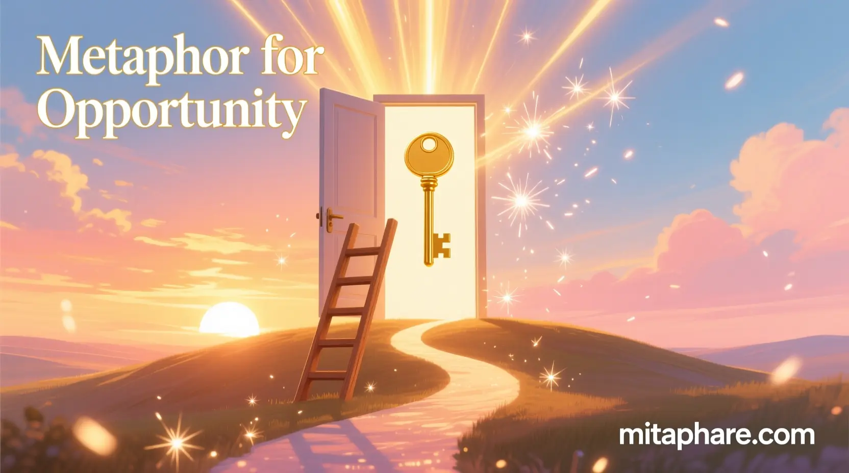 “Illustration showing metaphors for opportunity including a golden key, open door, ladder, and spark, symbolizing life’s chances.”