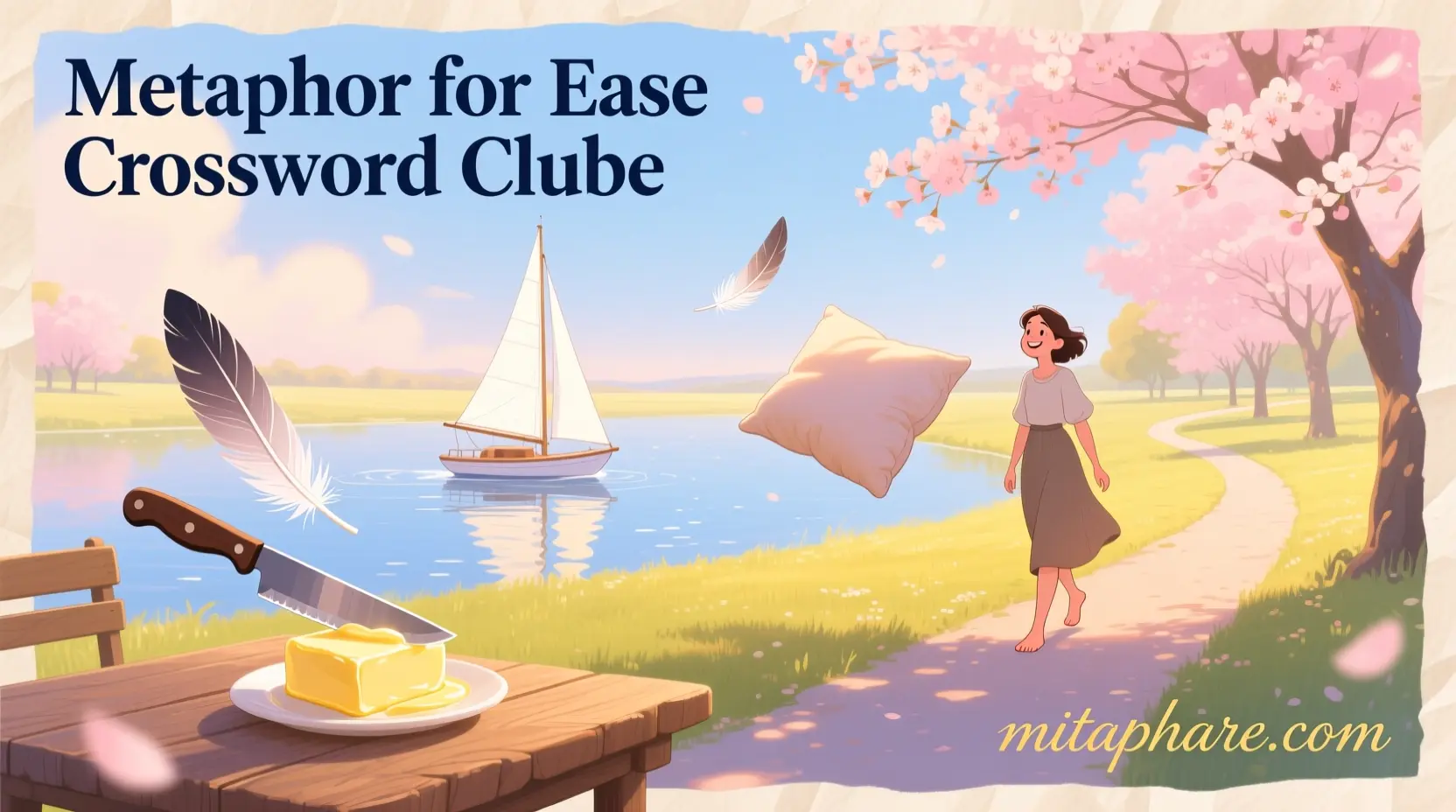 “Illustration showing metaphors for ease including hot knife through butter, smooth sailing, floating feather, and soft pillow.”