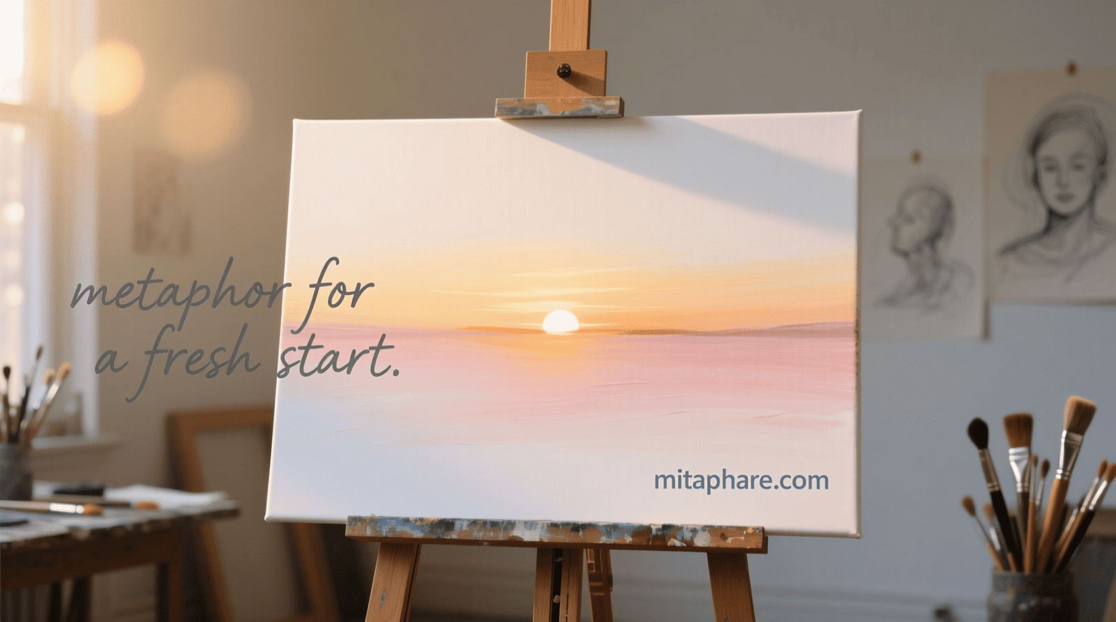 “A sunrise shining over a blank canvas on an easel, symbolizing a fresh start.”