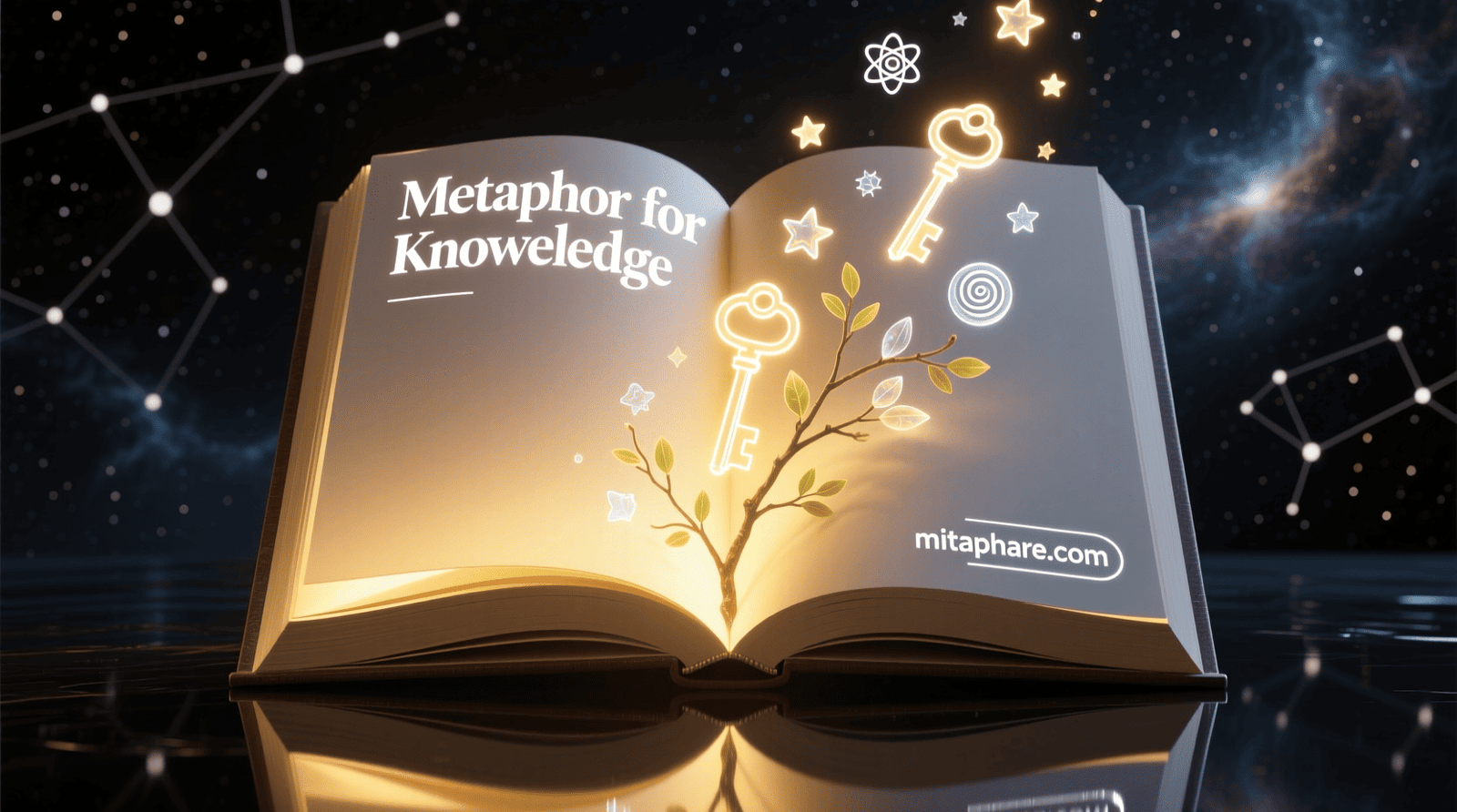 “An open book glowing with light and symbols representing knowledge, with the title ‘Metaphor for Knowledge’ on one side and mitaphare.com on the other.”