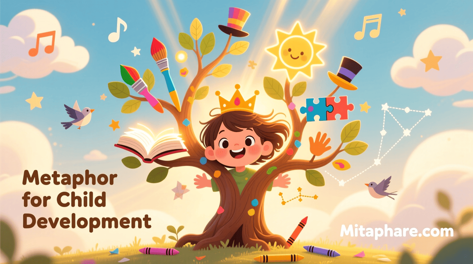 A colorful illustration of a child growing like a tree, symbolizing various skills like creativity, learning, and social growth, with the text “Metaphor for Child Development” and the website name Mitaphare.com.
