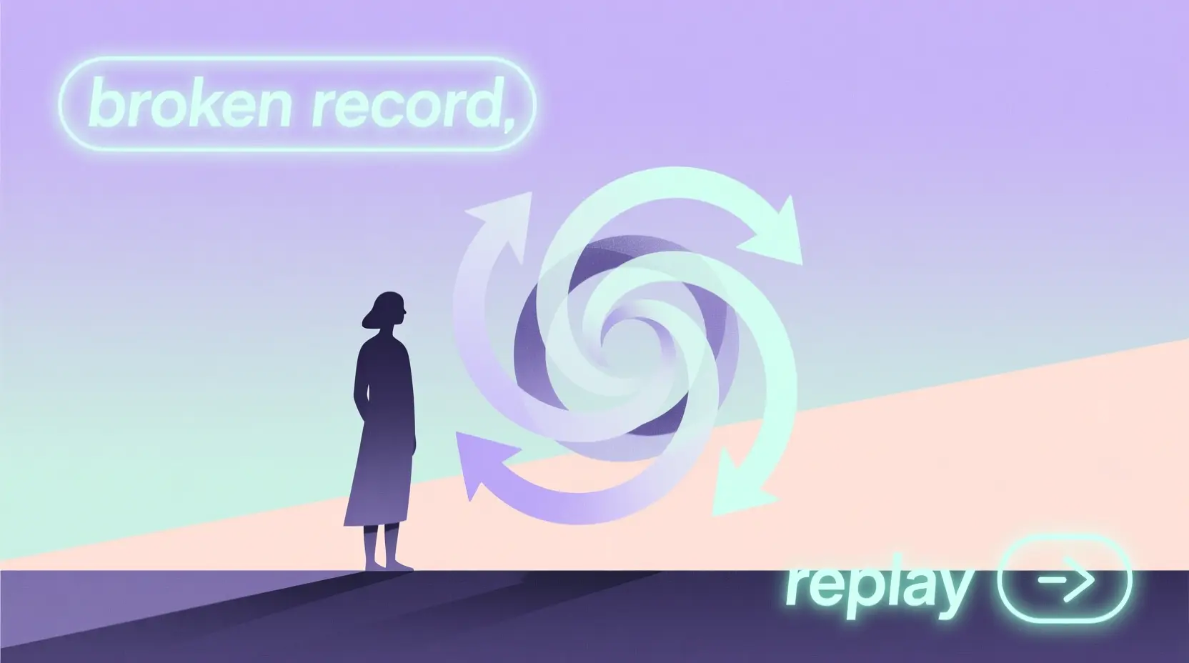 “An illustration of looping arrows and repeated symbols like a broken record and replay button, representing metaphors for repeating something.”