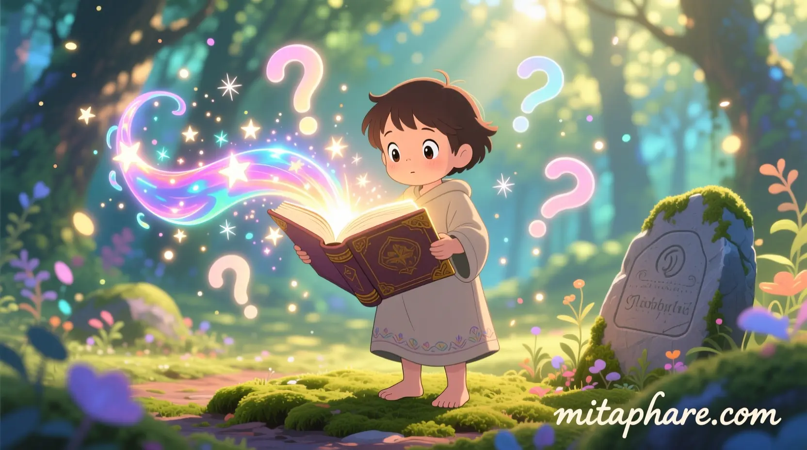 A curious child standing before a giant glowing book that opens like a doorway, with swirling golden light, floating question marks, and sparkles, representing discovery and curiosity. “mitaphare.com” is subtly included at the bottom.