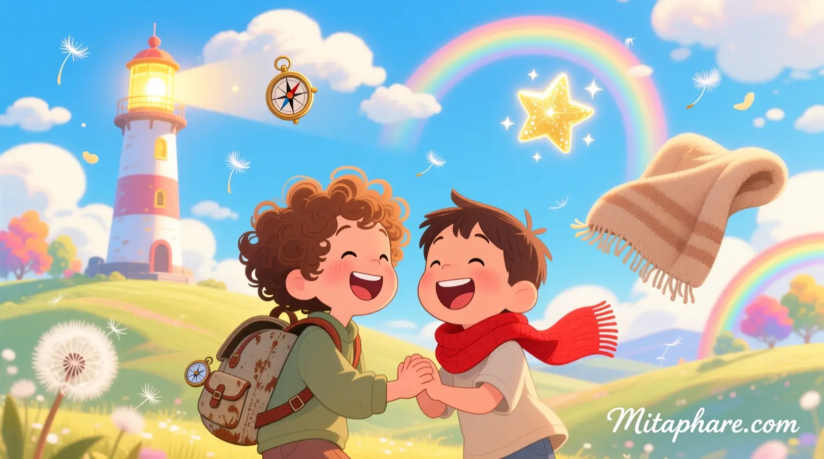 “Two best friends enjoying each other’s company, surrounded by symbols of friendship like a lighthouse, star, and warm blanket.”