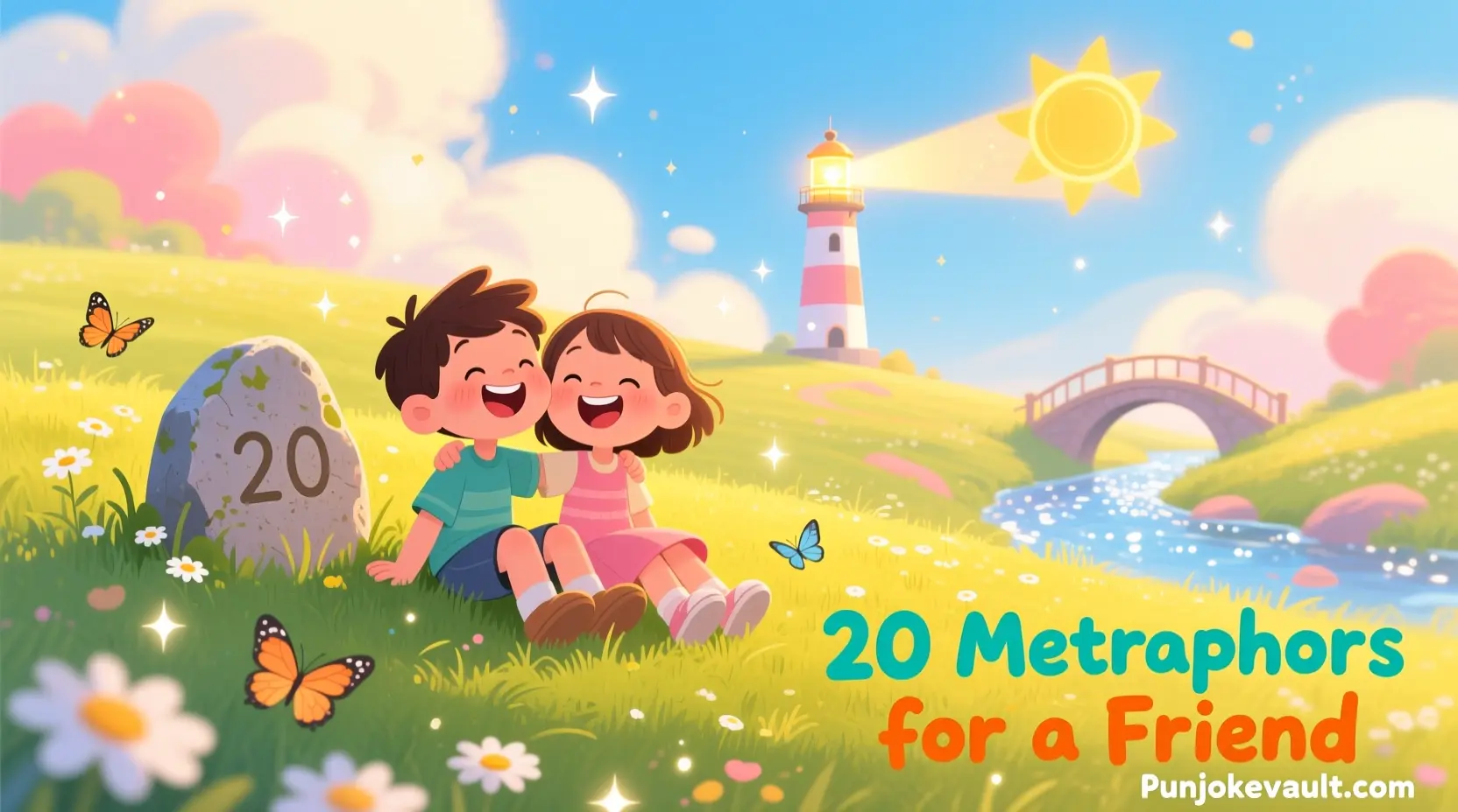 "Illustration of two friends surrounded by friendship symbols like a lighthouse, sun, and bridge, representing 20 metaphors for a friend."
