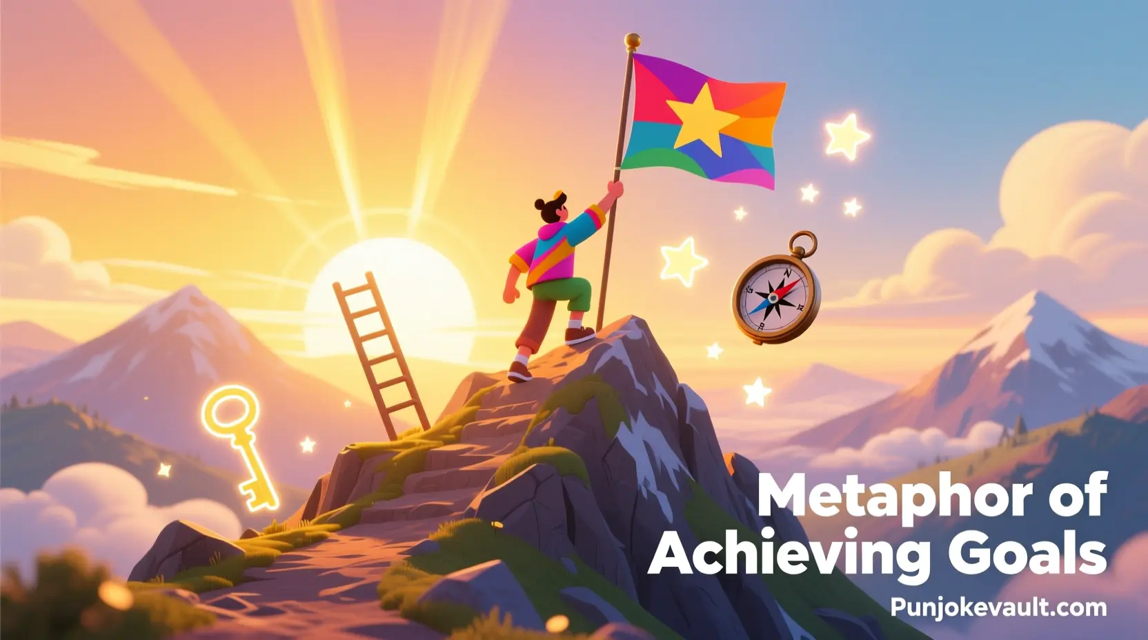 "Illustration of a person reaching the top of a mountain with symbols of success like a ladder, key, and stars, representing metaphors for achieving goals."