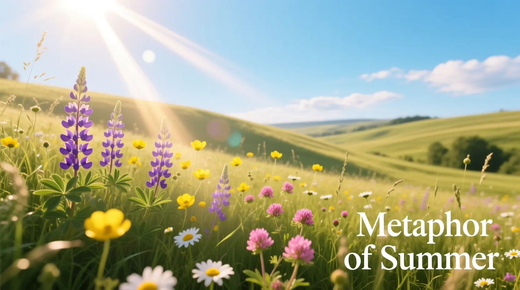 “A bright summer field glowing under golden sunlight with blue skies and warm breezes.”