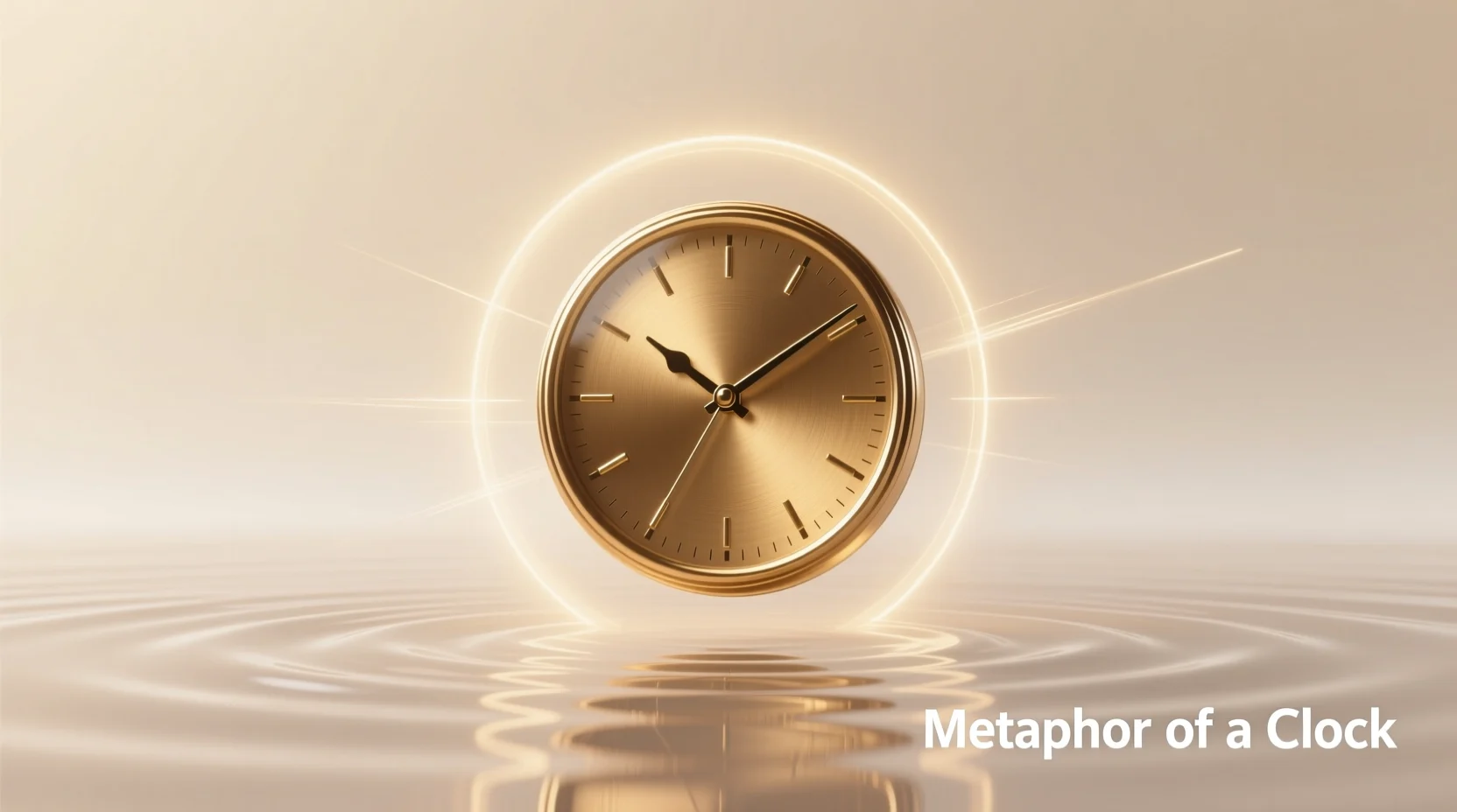 A glowing classic round clock with light rays symbolizing the flow of time, floating against a soft minimal background.