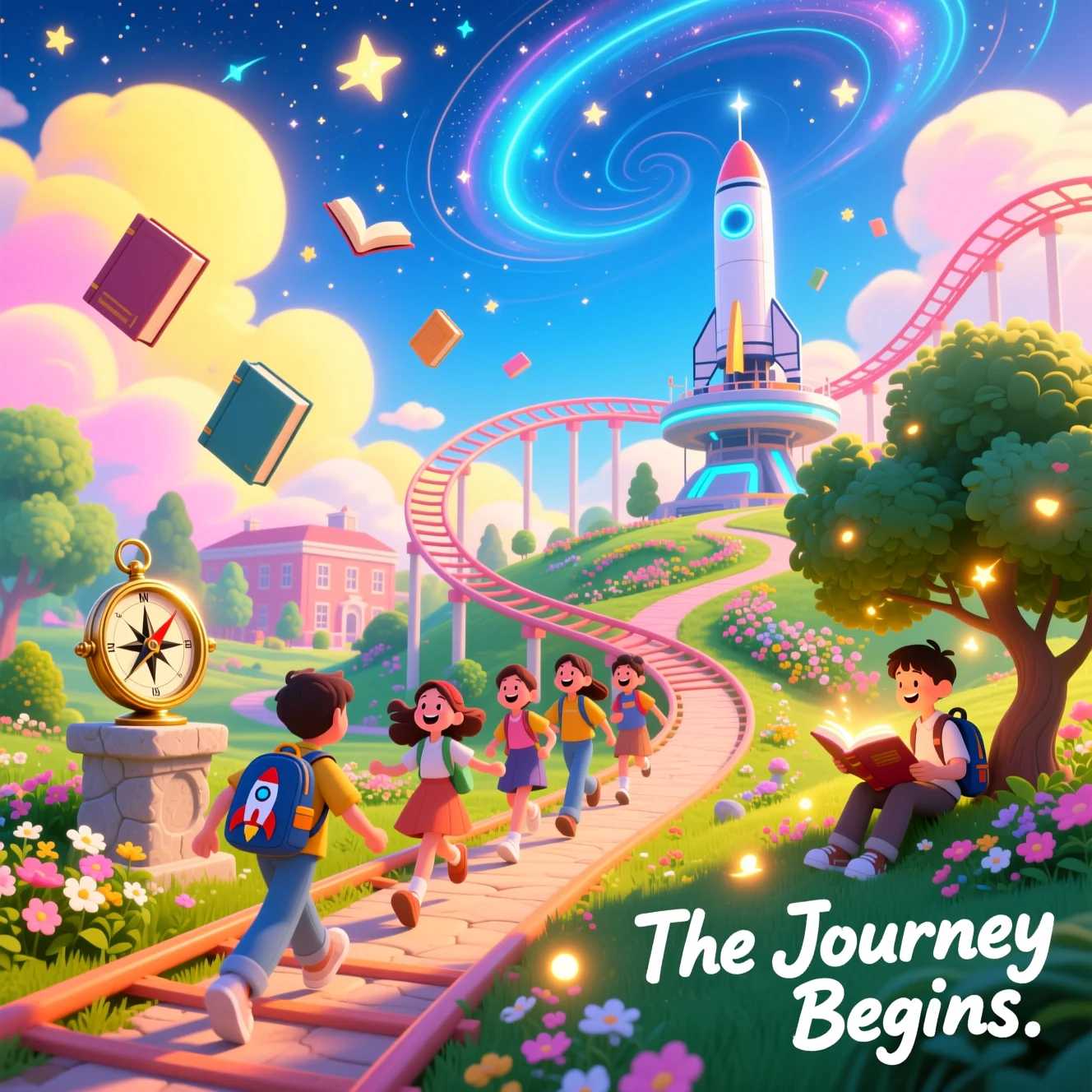 A vibrant illustration showing college life as a colorful journey: students walking on a path shaped like a roller coaster, with books, a compass, a garden, and a launchpad in the background. The scene is lively, inspiring, and whimsical.
