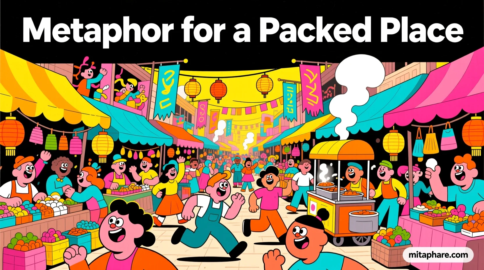 “Feature image for ‘Metaphor for a Packed Place’ showing a colorful, crowded marketplace with a small mitaphare.com watermark.”