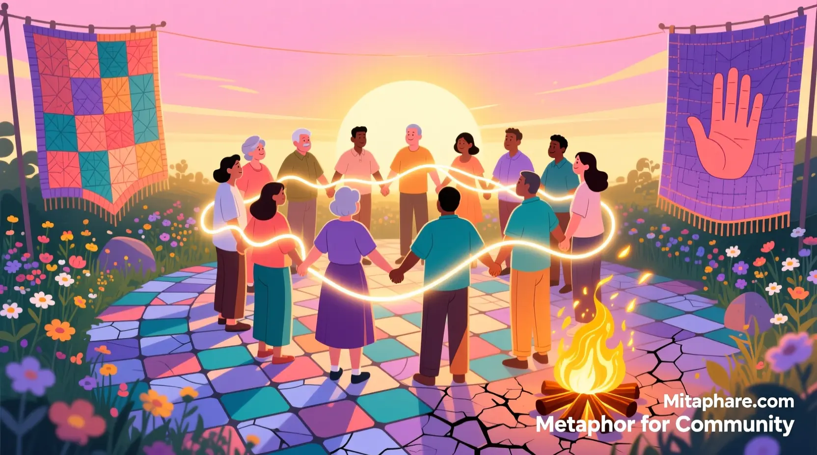 “Illustration of diverse people standing in a circle, connected by glowing lines, surrounded by symbols like a quilt, garden, mosaic, and campfire, representing metaphors for community. Branded with Mitaphare.com and article title ‘Metaphor for Community.’”