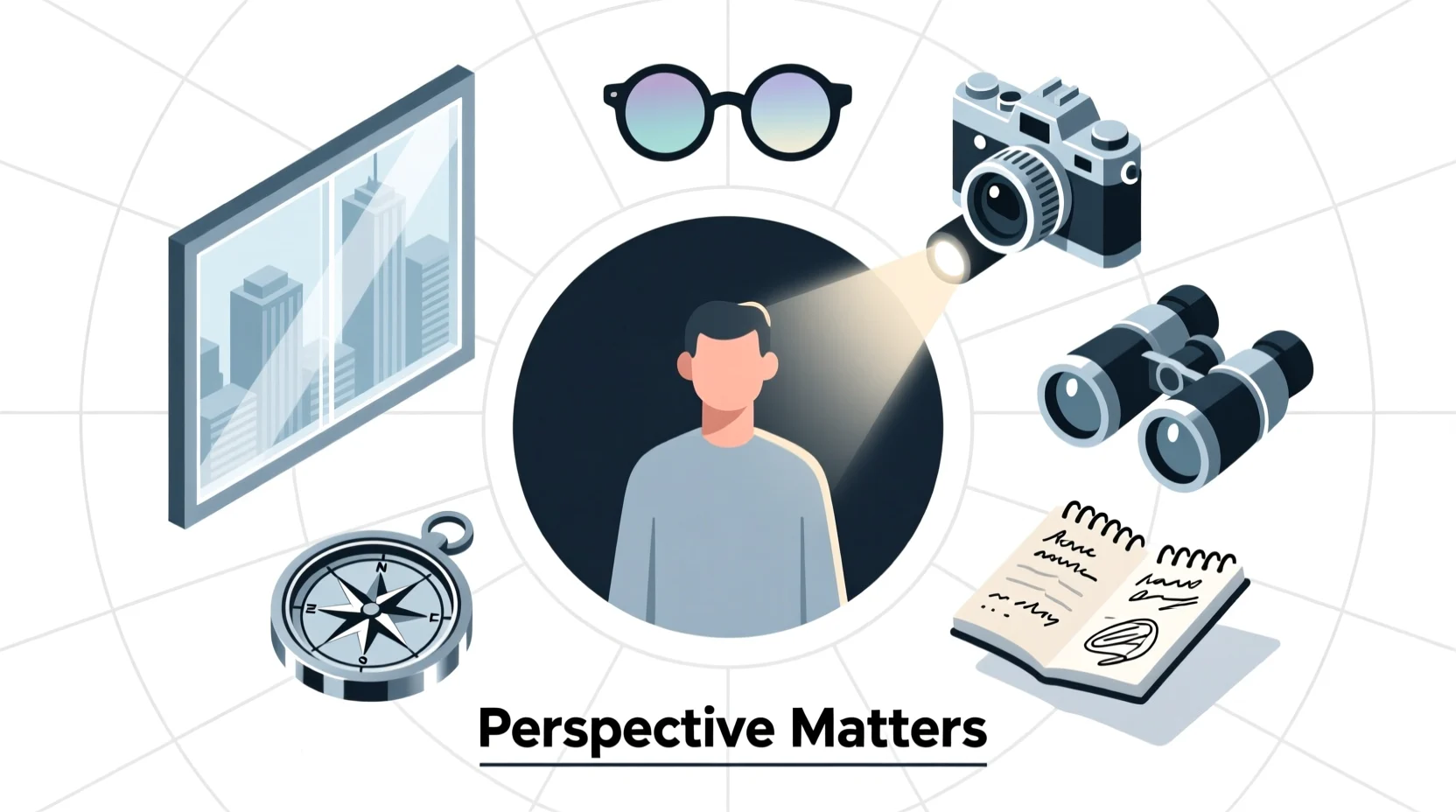 Illustration of a person surrounded by windows, glasses, a camera lens, a compass, and other symbolic items showing different personal perspectives.