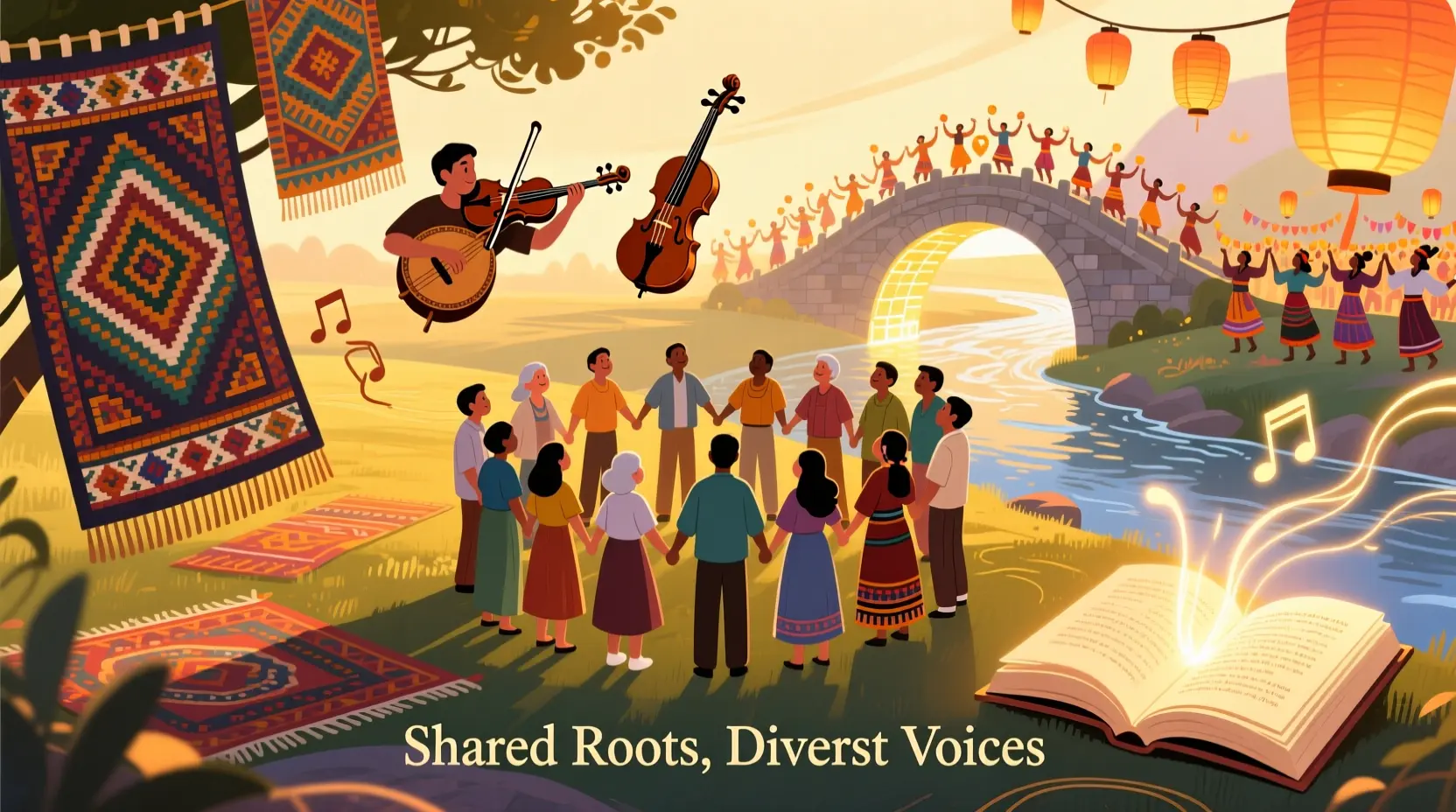 Illustration of people surrounded by tapestries, musical instruments, books, gardens, and festivals, symbolizing different metaphors for culture such as growth, stories, music, and traditions.