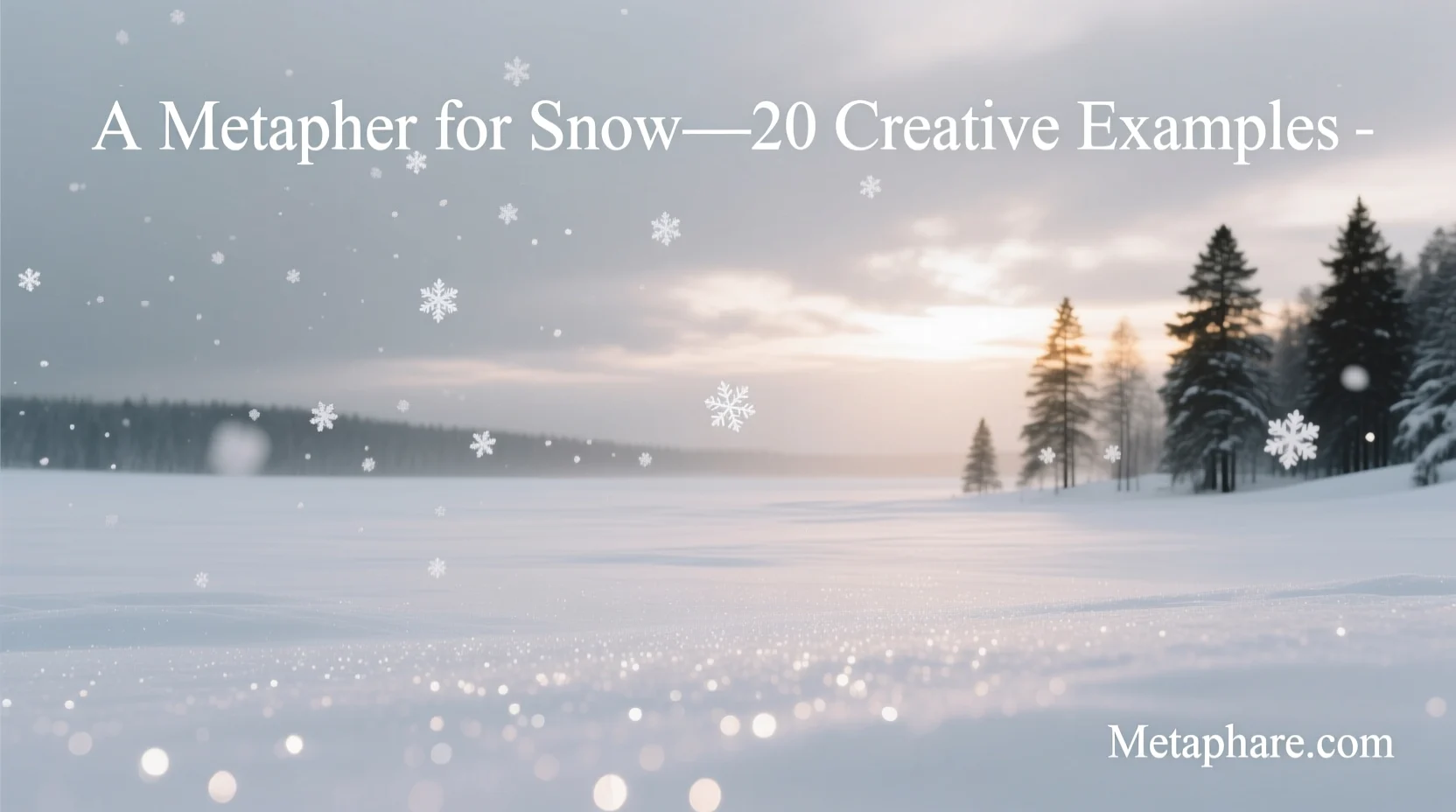 A serene winter landscape with fresh snow, falling snowflakes, and a soft glowing atmosphere, used as the feature image for an article titled “A Metaphor for Snow” on Metaphare.com.