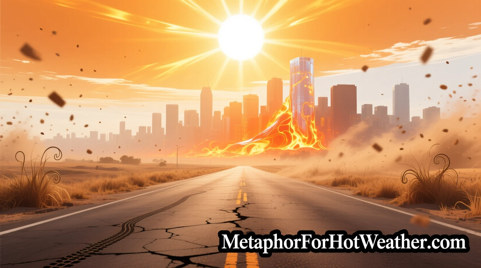 “Heat waves rising from a sunlit road under a blazing sky, representing metaphors for hot weather.”