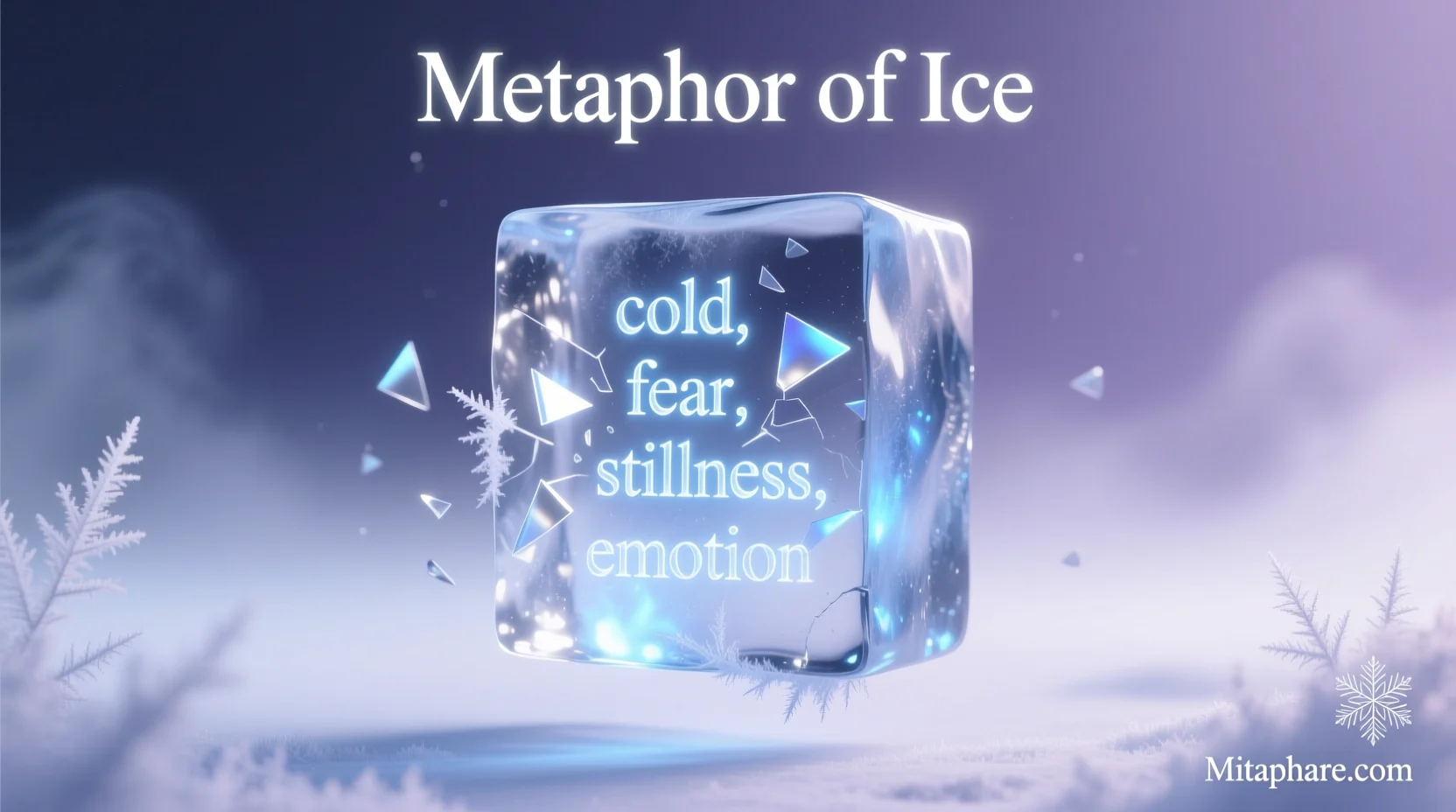 "Frozen block of ice glowing with magical light, surrounded by metaphorical words like 'cold,' 'fear,' and 'stillness' – Metaphor for Ice, Mitaphare.com."
