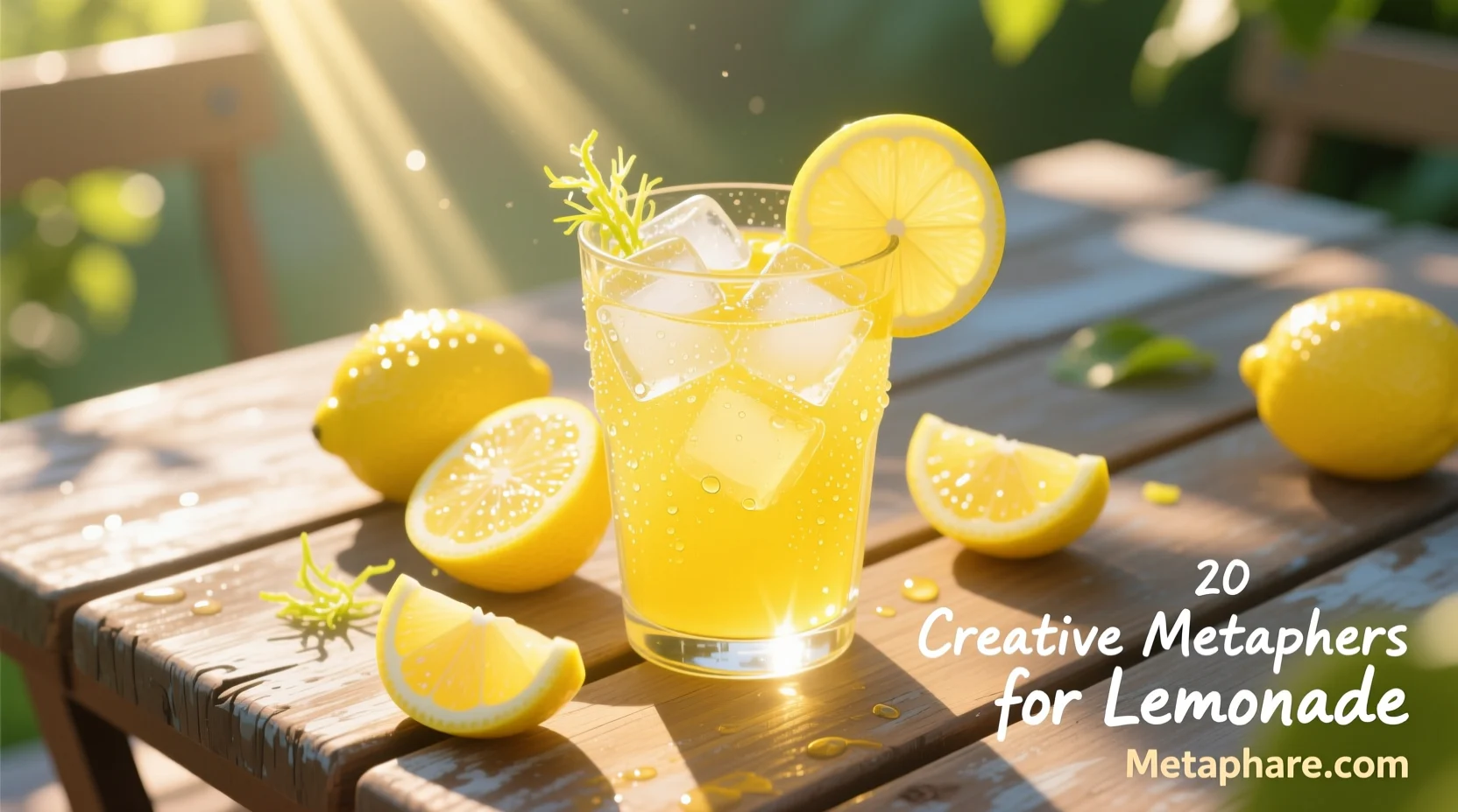 A glass of lemonade with lemons and ice on a sunny table, representing the theme “20 Creative Metaphors for Lemonade.”