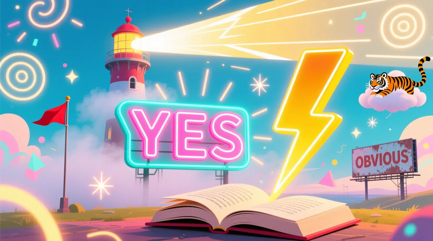 "Illustration of metaphors for something obvious including neon sign, lighthouse, exclamation mark, and open book