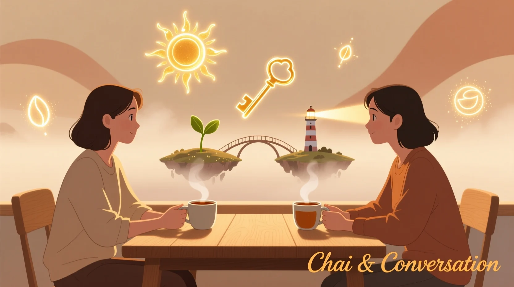 “Two people talking over chai with bright metaphor symbols like sunshine, keys, seeds, and lighthouses floating around them.”