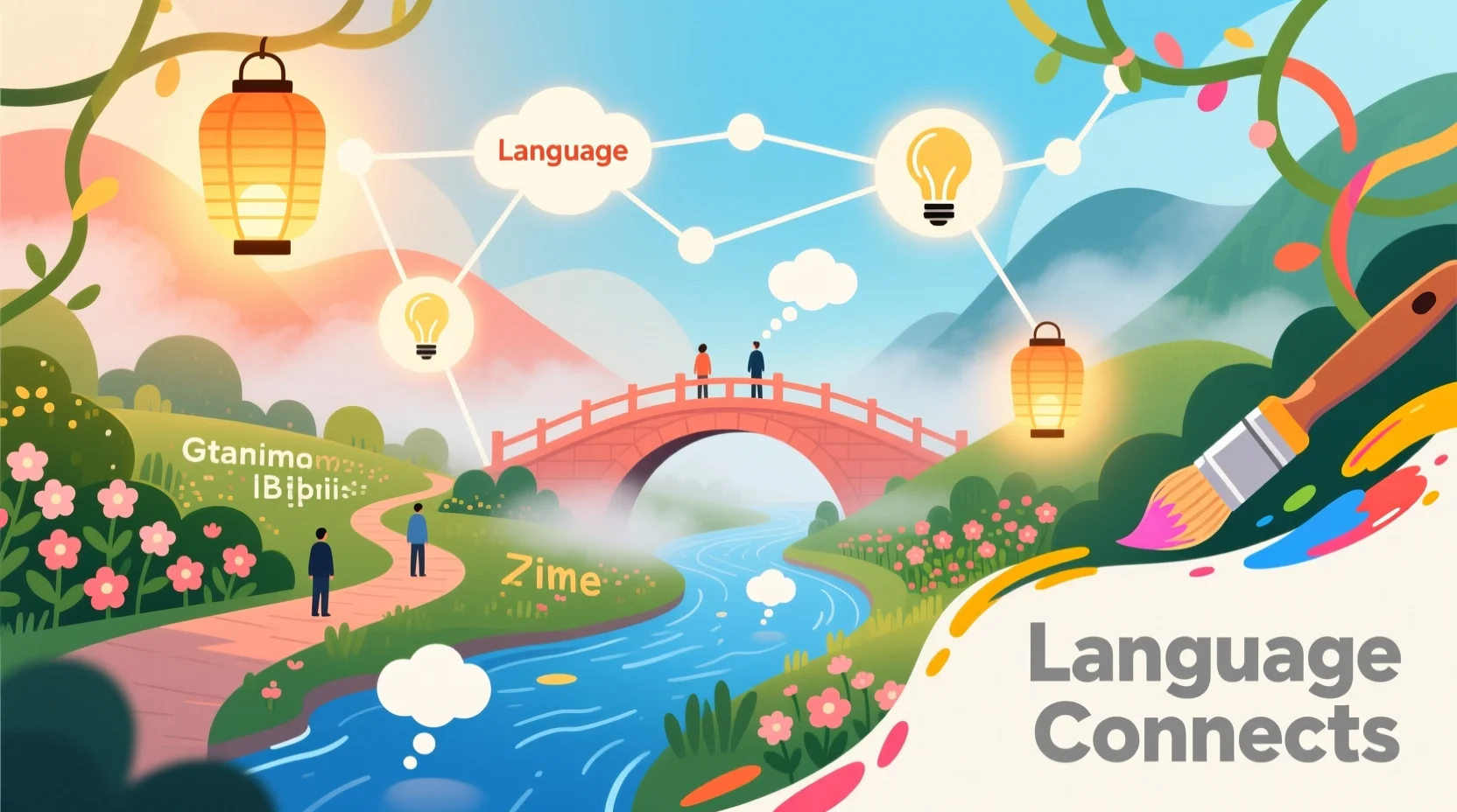 “Creative illustration of language as bridges, rivers, lanterns, gardens, and paintbrushes connecting people and ideas.”