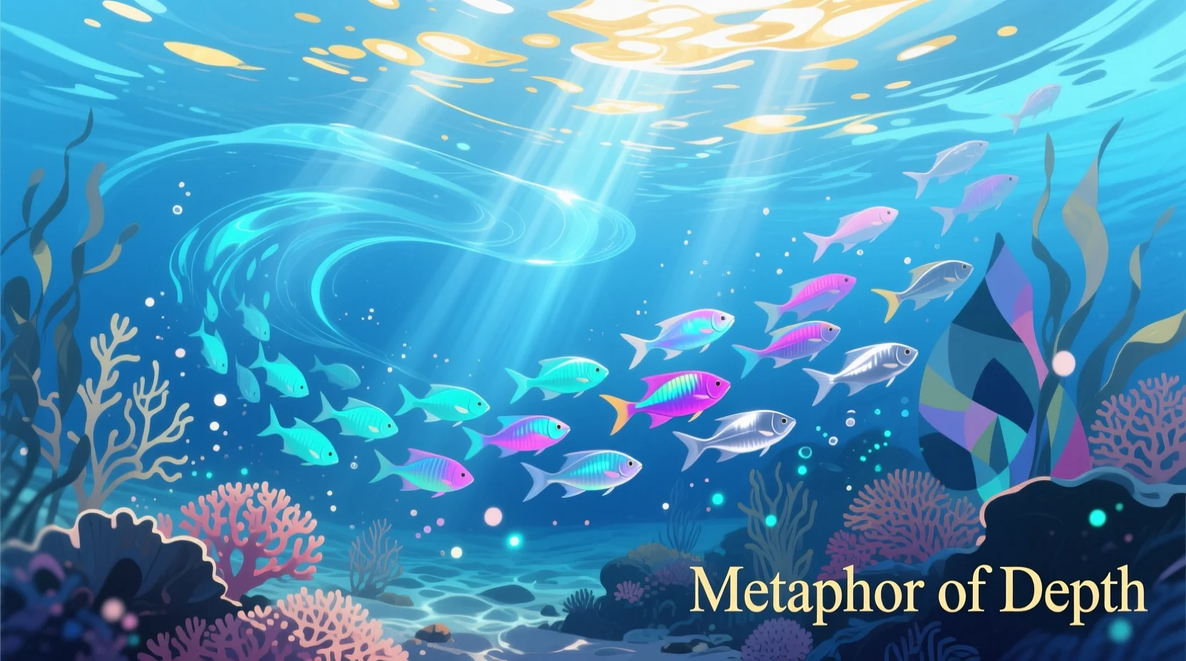 “Colorful fish swimming in clear blue water with sunlight shining through, representing creative metaphors.”