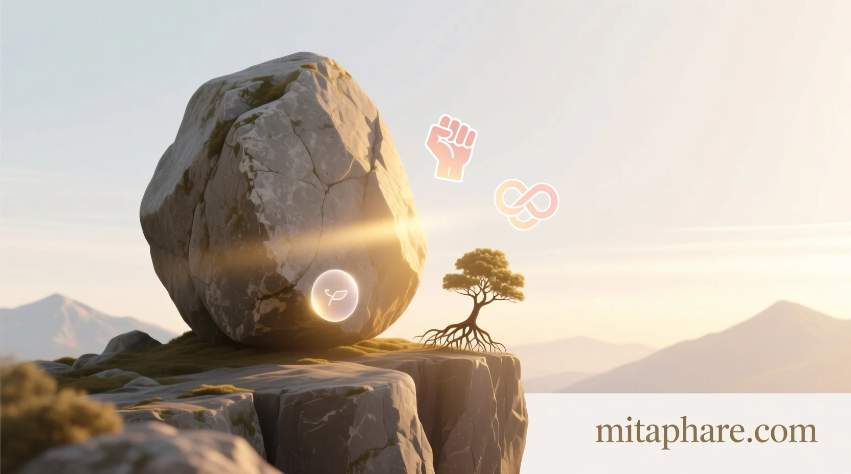 "Metaphor for rock showing strength and stability, with site name mitaphare.com, symbolic and inspiring illustration."
