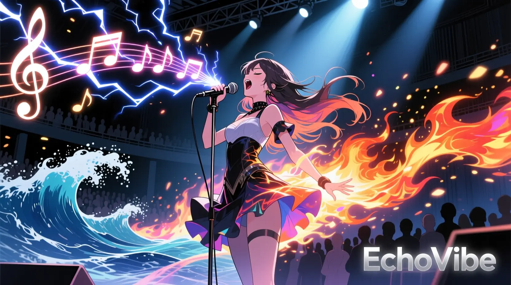 Powerful singing voice visualized as lightning, waves, and fire