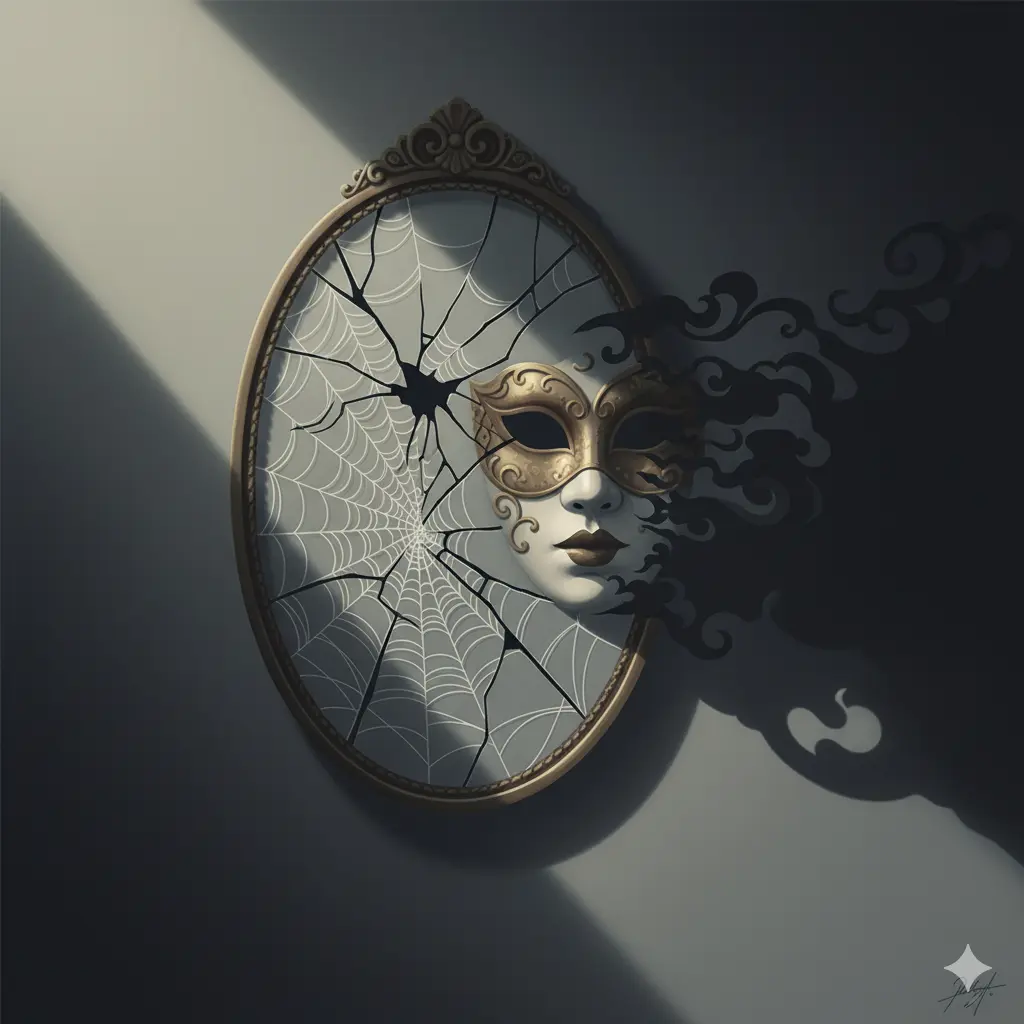 “Metaphorical illustration of deceit featuring a cracked mirror, spider web, and mask representing dishonesty.”