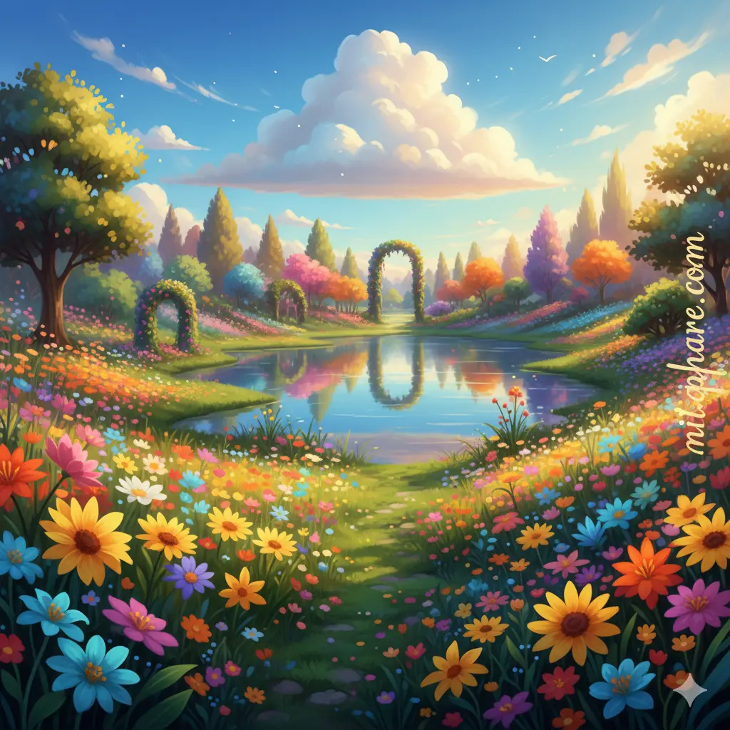 “Colorful illustration of a happy place showing sunlit meadows, blooming gardens, and a calm lake – metaphor for a joyful, peaceful space.”