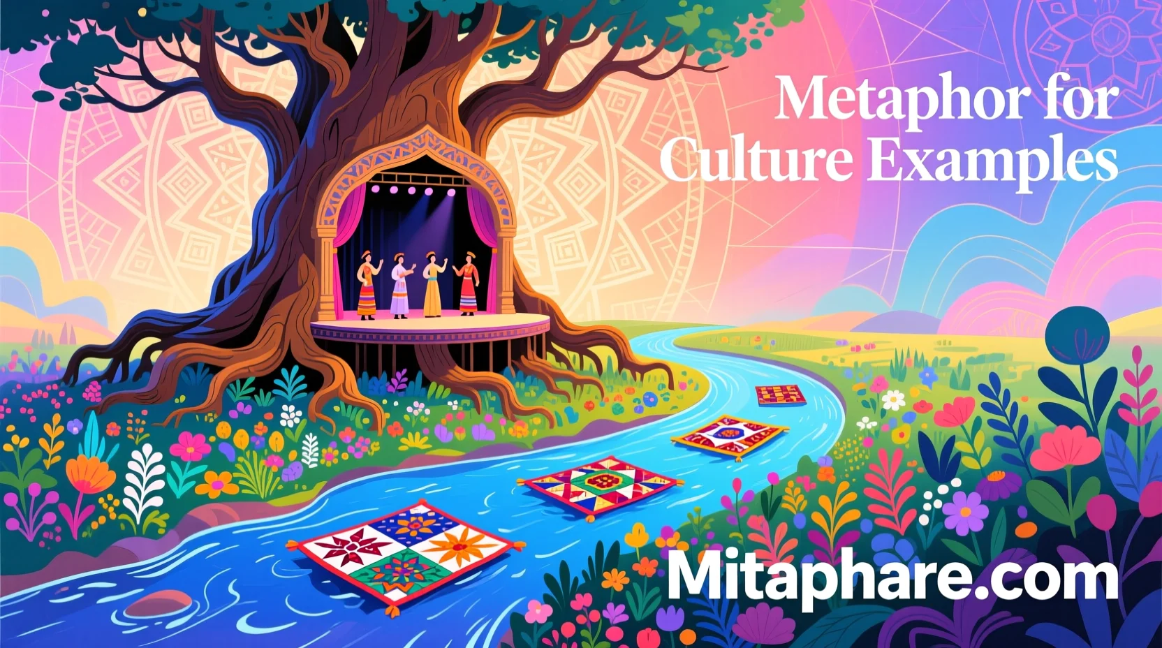 "Illustration showing metaphors for culture including a garden, river, stage, quilt, and tree, representing traditions, values, and behaviors
