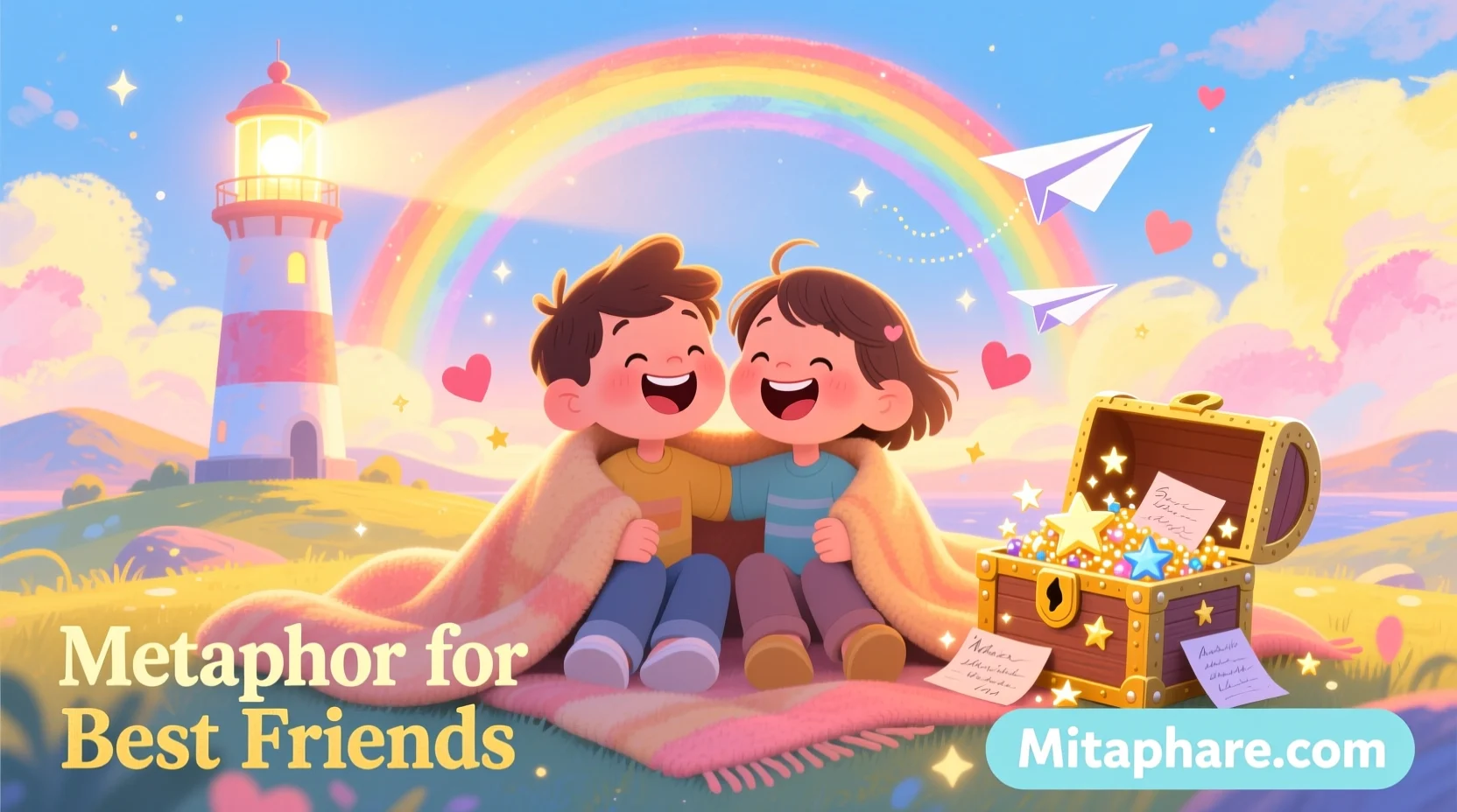 "Illustration of two best friends with symbols of friendship like lighthouse, rainbow, and treasure chest, representing metaphors for best friends."