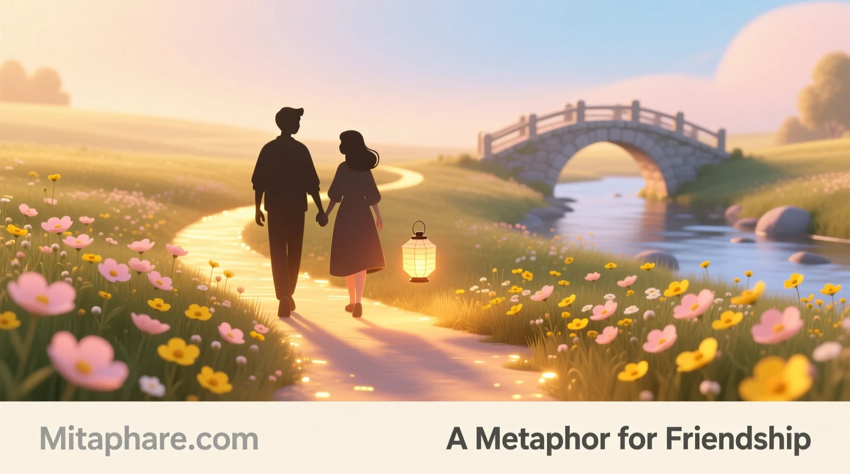 Illustration of two friends walking on a glowing path with a lantern, symbolizing friendship as support and guidance.