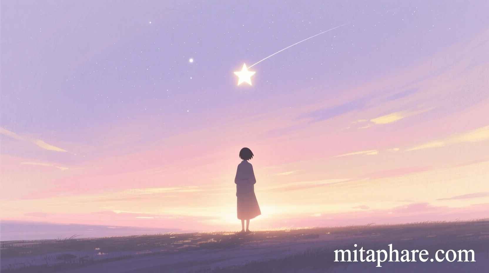 A soft, emotional illustration showing a lone figure standing under a dim sky with one bright star missing, painted in gentle pastel colors. The scene symbolizes love and loss with warm light and a calm, cinematic atmosphere.