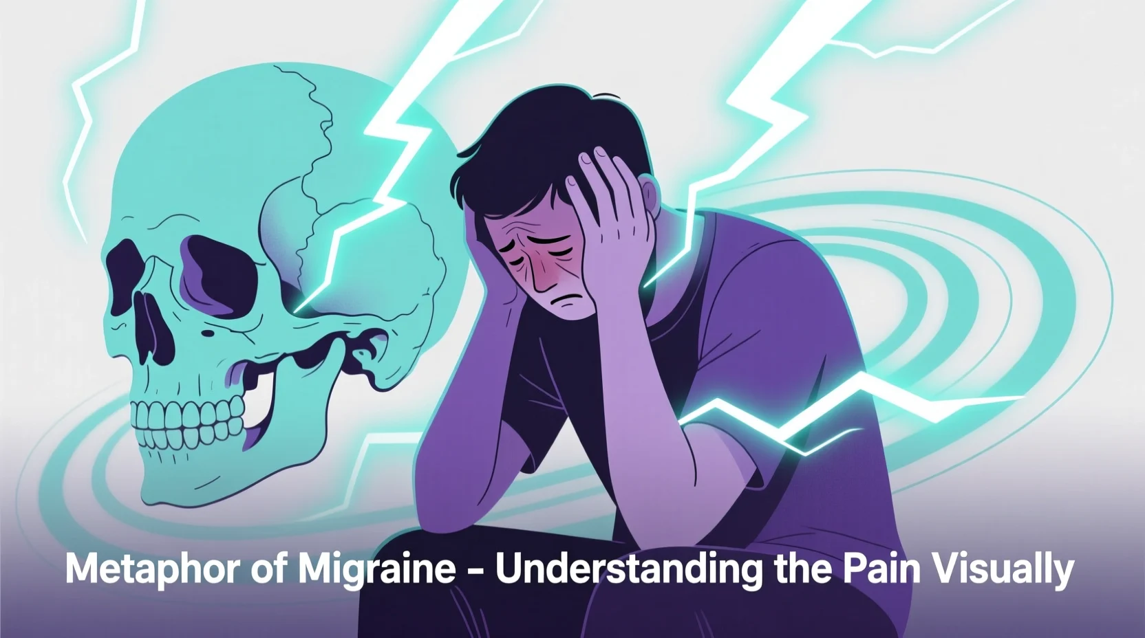 Illustration of a person holding their head in pain with abstract lightning and swirling pressure shapes around the skull, symbolizing migraine intensity in a modern, minimalistic style.