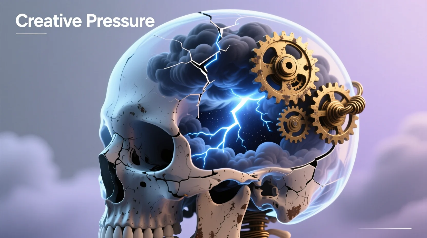 “Creative illustration of a human head with storm clouds, gears, and light beams inside, symbolizing pressure and stress in a metaphorical style.”