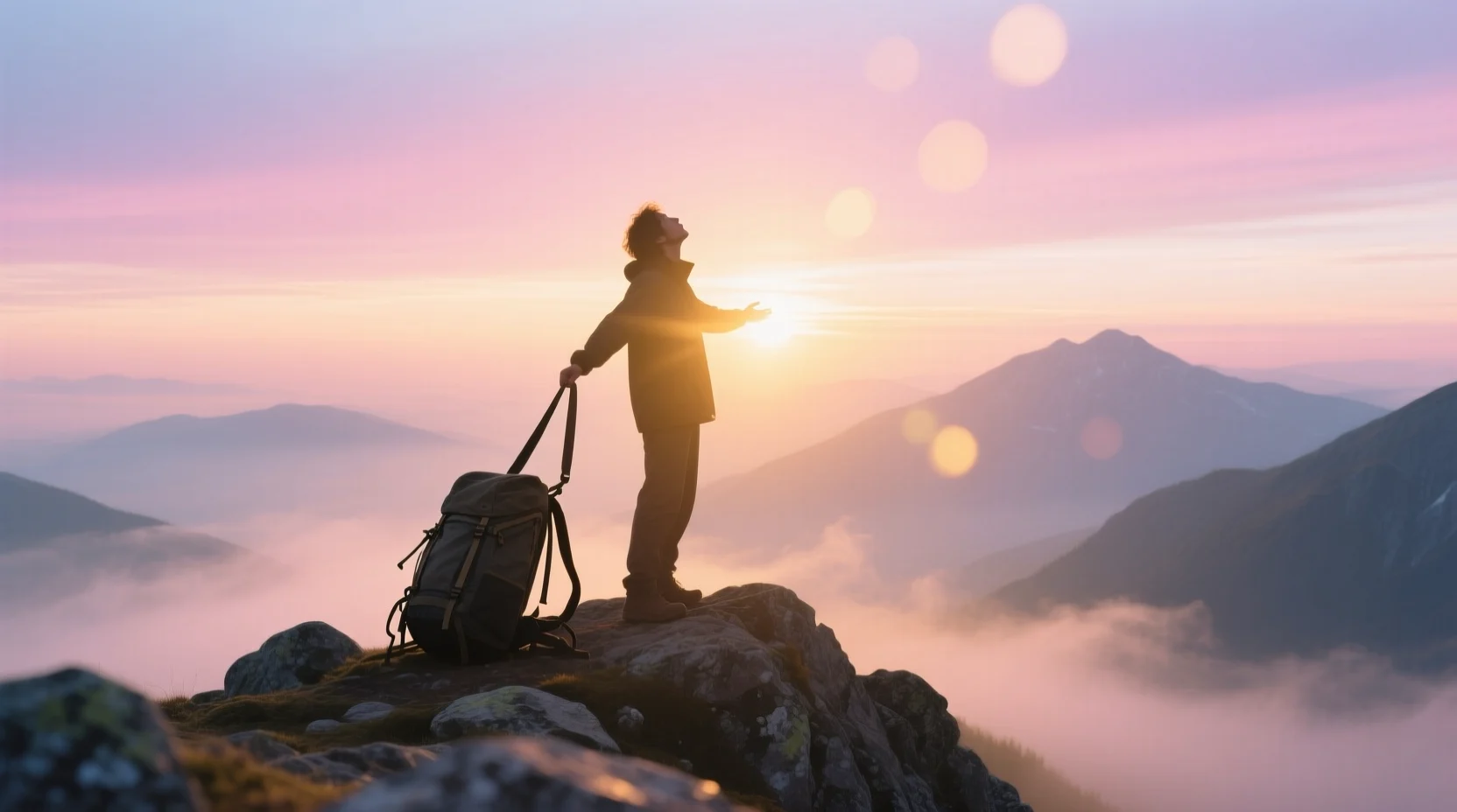 “Person standing on a mountaintop at sunrise, dropping a heavy backpack and feeling calm relief as warm sunlight spreads across the sky.
